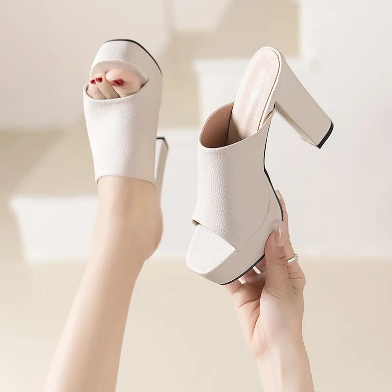 Fashion European  American Fashion Thick-heeled Open-toe Sandal Waterproof Platform Simple One-high-heeled Slipper Wholesale in Stock