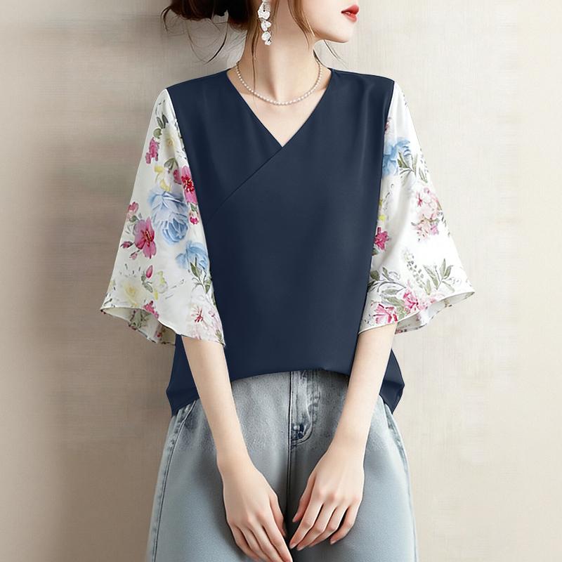 ZANZEA Damen Lässige V-Ausschnitt Print Patchwork 3/4 Ärmel Lockere Bluse