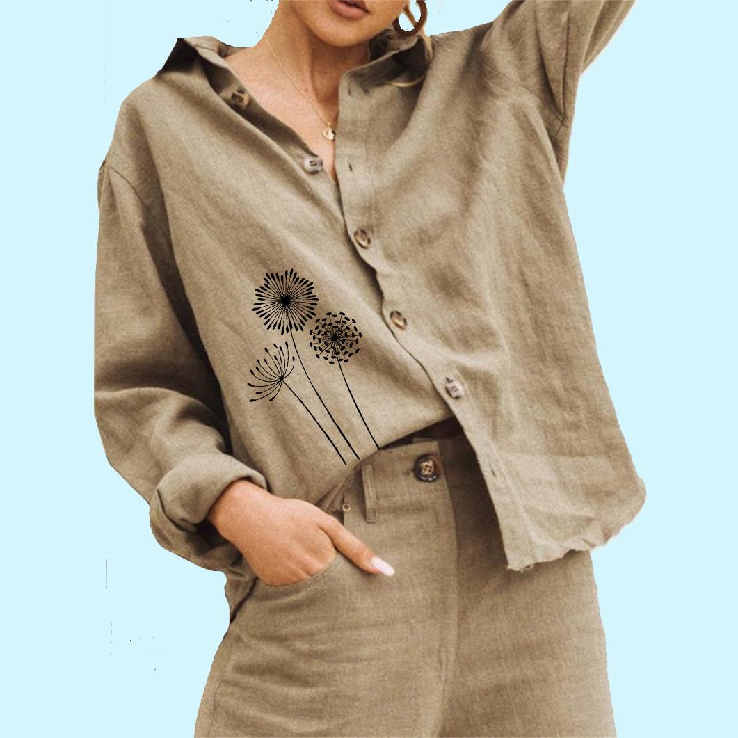 

Женская мода цветочный принт льняная рубашка женская повседневная с длинным рукавом свободная блузка на пуговицах 3XL хаки