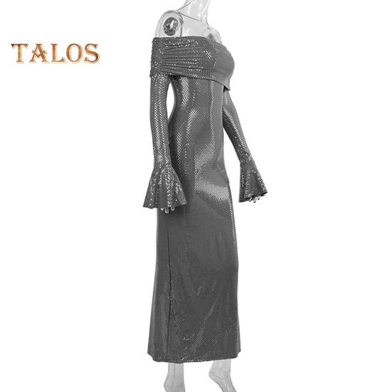 Lady Evening Dress Bateau Neckline Off Shoulder Long Sleeves Shimmering Sequin Bronzing Strapless Bodycon Prom Cocktail Party Maxi Dress