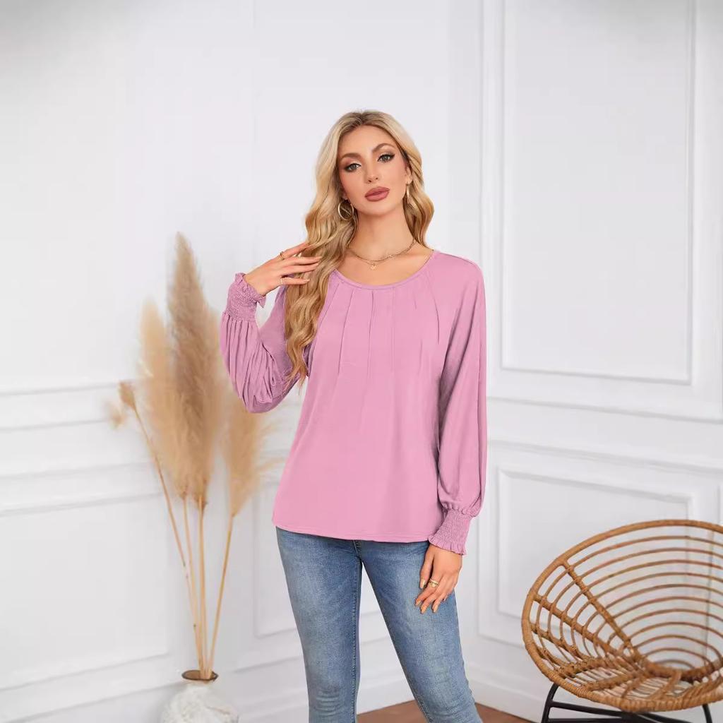 2026 New Women's Pleated Long Sleeve T-Shirt, Round Neck Casual Solid Color Blouse for Autumn Winter