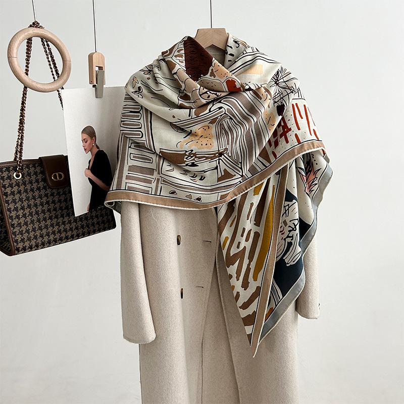 Autumn And Winter Warm Silk Wool Big Scarf For Women'S High End Double Sided Double Color Silk Wool Scarf Fashion Shawl