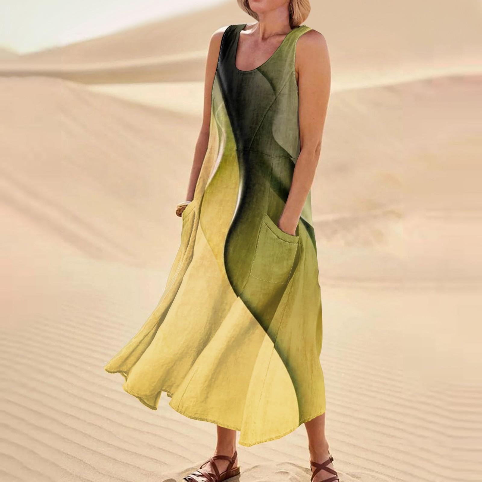 

Женское модное повседневное хлопковое льняное платье без рукавов с принтом и карманами XL жёлтый