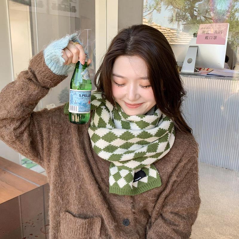 Scarf for Women Autumn and Winter Korean Version Versatile Checkerboard Student Couple Warm Knitted Wool Scarf Spring Festival Festive Red
