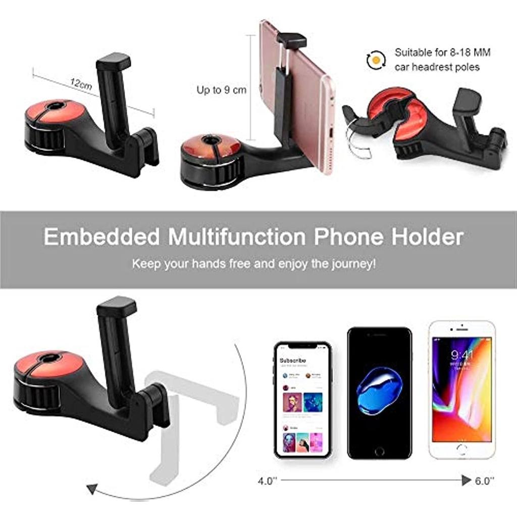 2 Stück Autositz-Kopfstützenhaken mit Handyhalter, Autohaken, Autoaufhänger, universeller versteckter Haken für den Rücksitz (rot) Inhaber