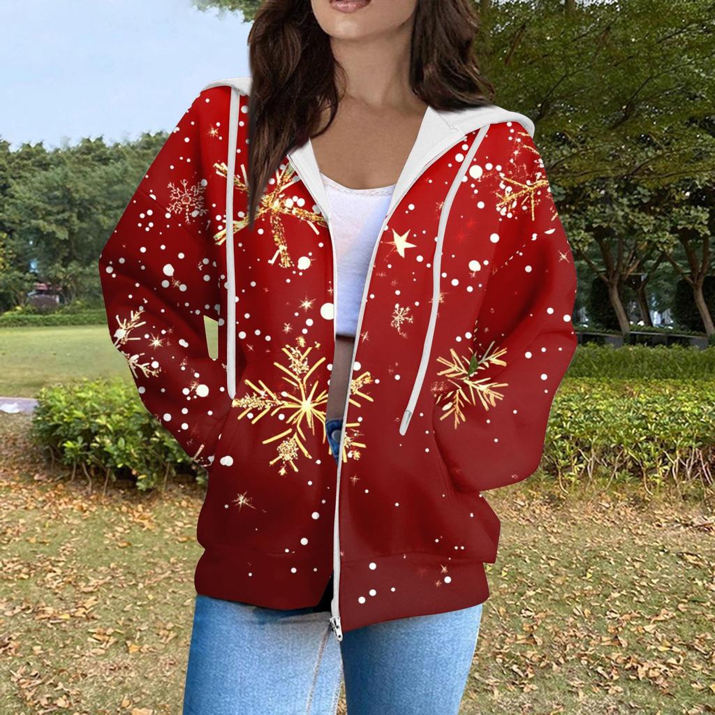 Women's Fashion Casual Christmas Print Long Sleeve Sweatshirt Pocket Jacket Zipper Hoodie Coat