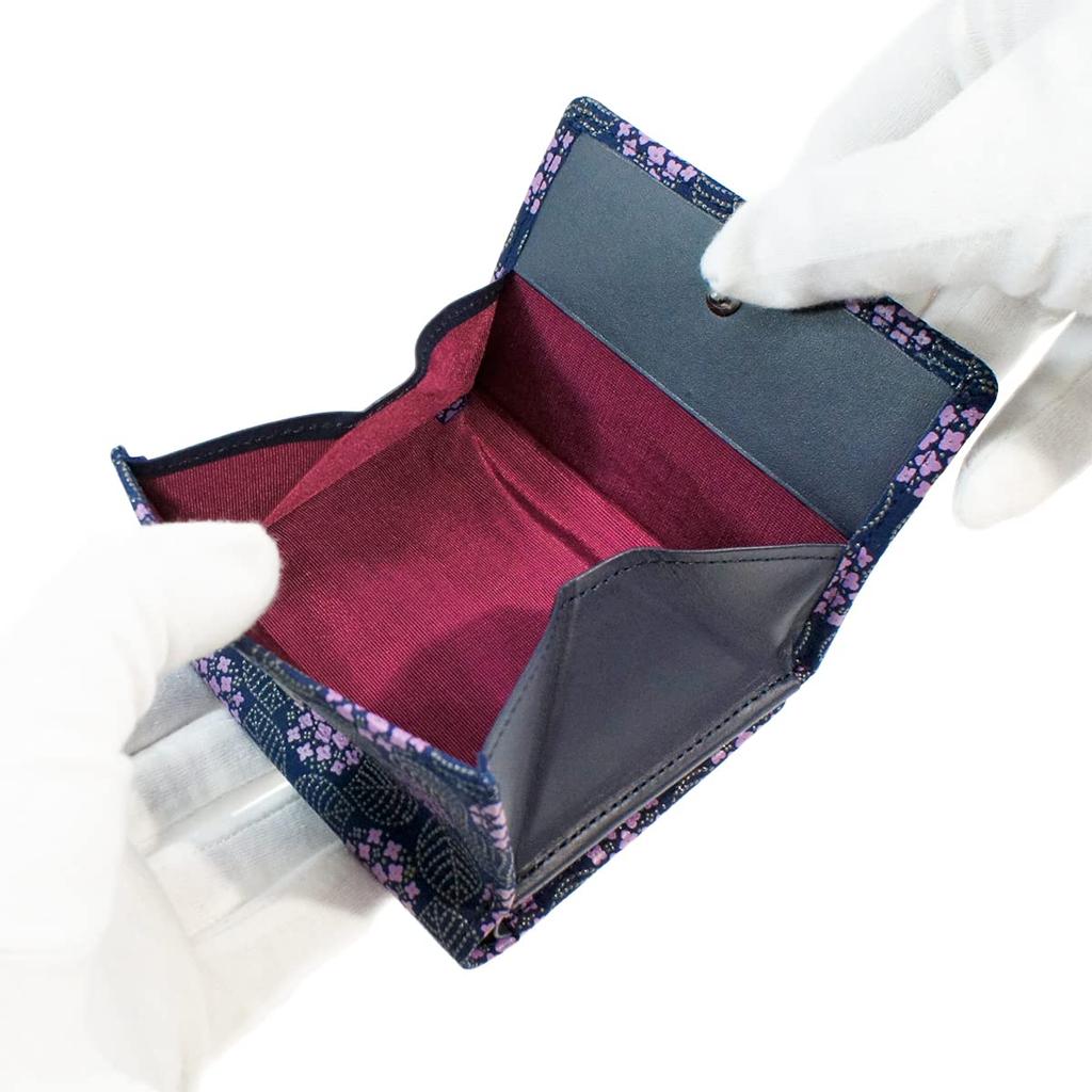 Inden Bifold Coin Hydrangea Navy Blue x Purple Calico x Gray Lacquer 8004 [Indenya] Geldbörse, Portemonnaie, kastenförmige Geldbörse, Hirschleder, Miso, Muster,
