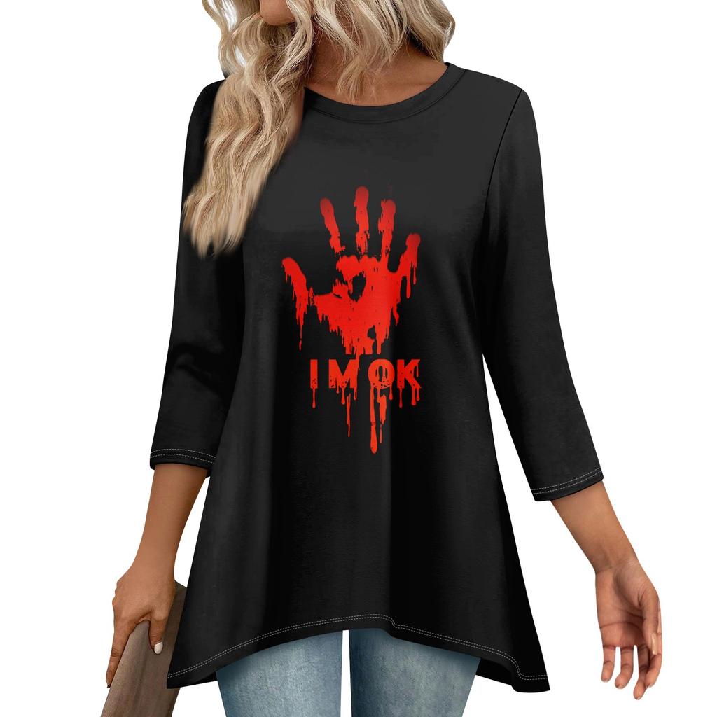 Tunic Tops For Women Loose Fit Prints Tops 3/4 Length Sleeve Womens Tops With Asymmetrical Hem
