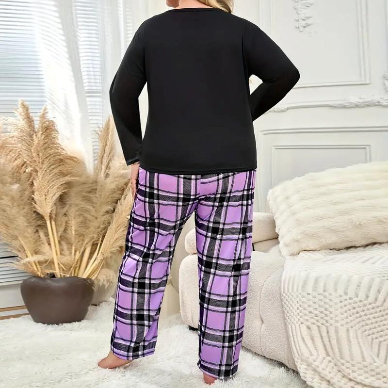 Plus-Size Curvy Women's Long-Sleeve Long-Pants Loose-Fit Casual Heart-Print T-Shirt Set