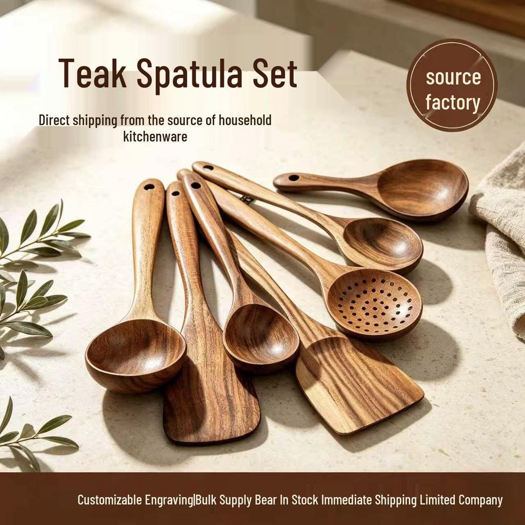 Non-Stick Pan Special: Teak & Acacia Wood Spatula, Stir-Fry Set, Salad Fork & Slotted Spoon
