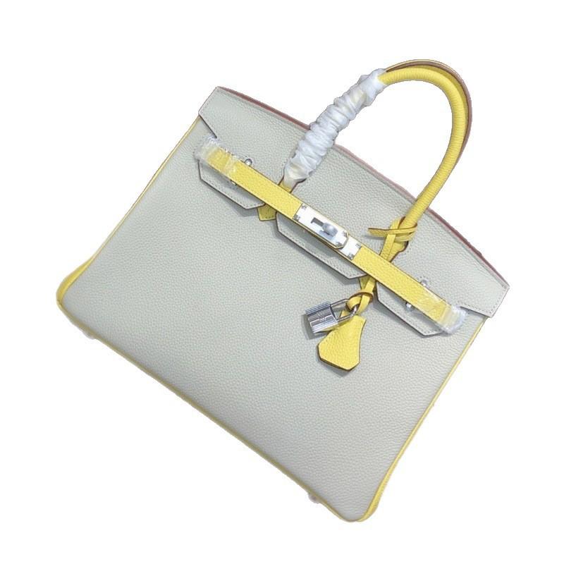 Womens Togo Top Grain Leather Handbag Contrast Color Fashion Shoulder Crossbody Bag