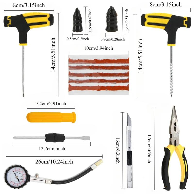 All-in-One Emergency Car Tire Repair Kit - Puncture Plug Tools with Strips,Gloves & Gauge, Universal, Easy To Use