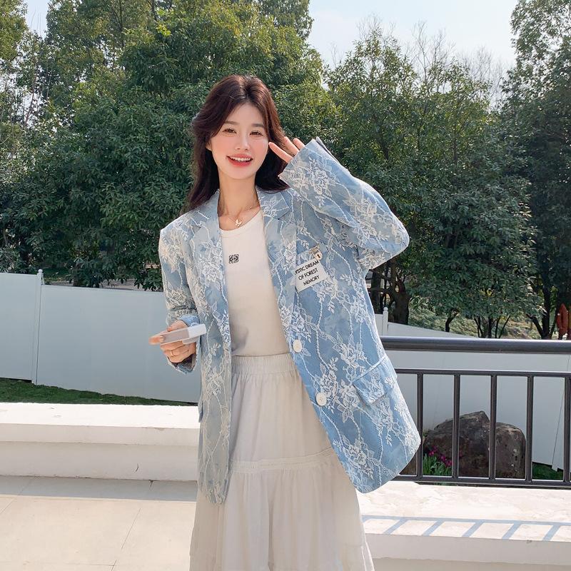 

Light luxury blue lace jacquard blazer women s spring new unique design fashion temperament suit XL