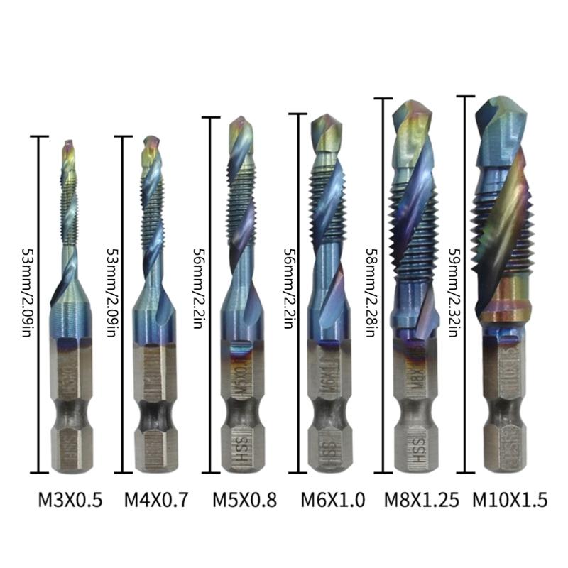 6 Stück Kombi-Bohr-Gewindebohrer-Bit-Set Bohr-Gewindebohrer-Set 1/4" Sechskantschaft Genutet Schraubengewinde zum Bohren Gewindeschneiden Entgraten