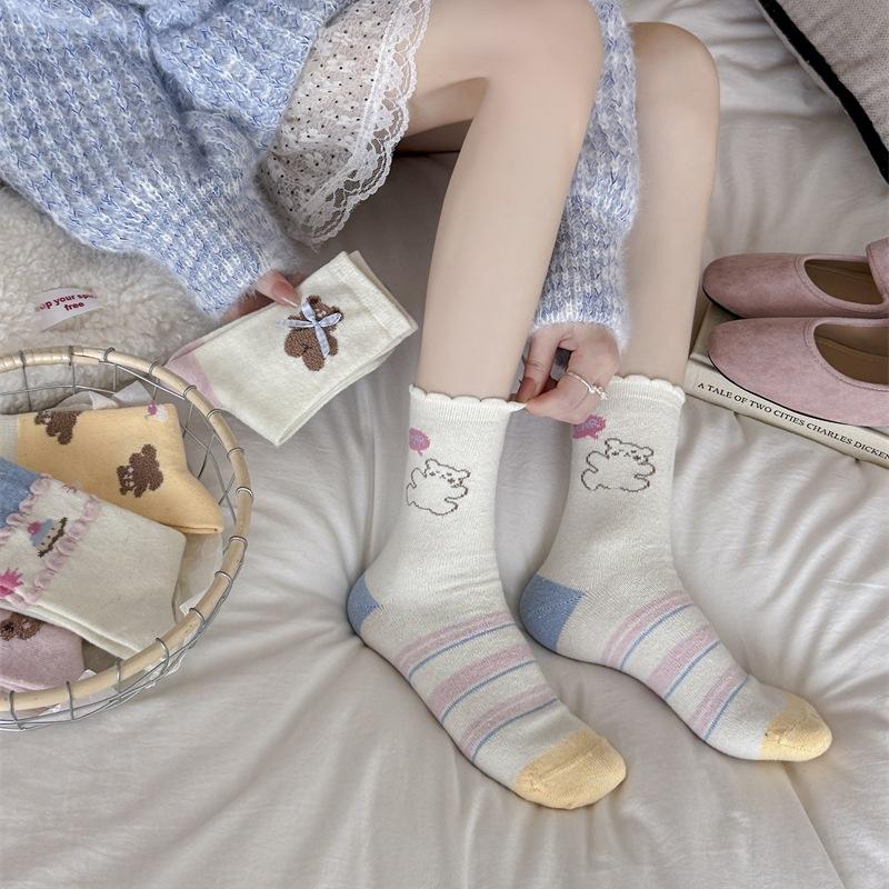 Female Autumn and Winter Thickened Warm Sweet Butterfly Cute Cartoon Bear Wool In The Tube Pile Socks