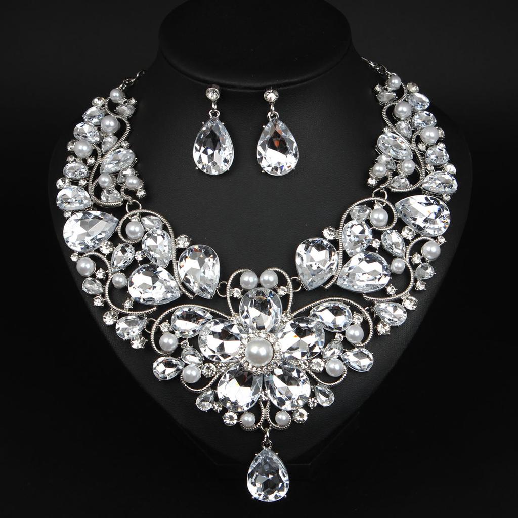 Exaggerated Crystal Flower Water Droplet Necklace Earring Set Women Dress Banquet Accessories