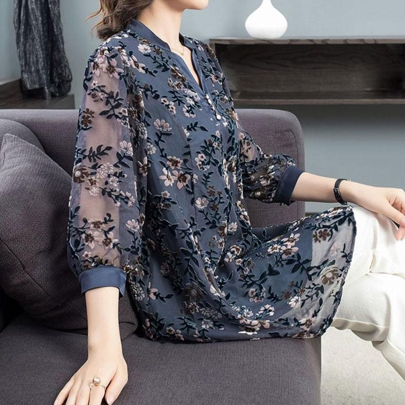 Vintage Elegant Printed Chic Hollow Out Chiffon Midi Blouse Female Clothing Spring Summer 3/4 Sleeve Casual Button V-Neck Shirt