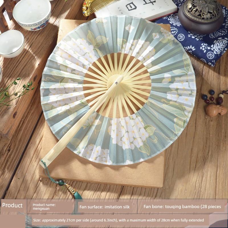Chinese Style Green Jasmine Flower Folding Fan 360-Degree Folding Fan Round Fan Ancient Style Qipao Hanfu Dance Fan Portable Summer Fan