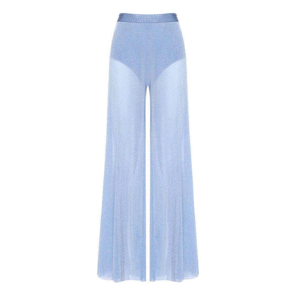 Womens Lyrical Dance Pants Rhinestone Waist Shimmering Mesh Legs Built In Briefs Modern Costume