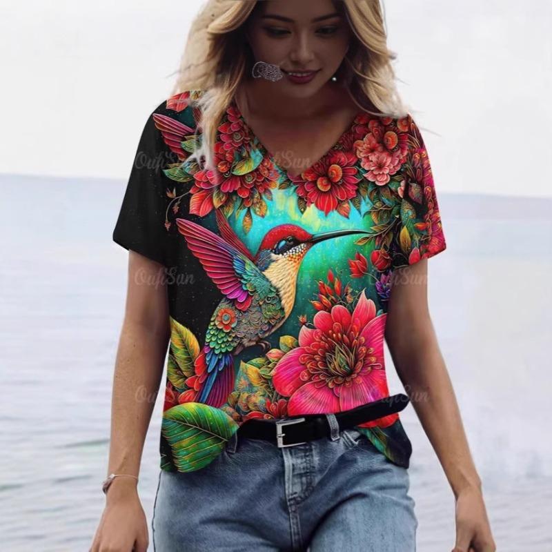 

Летняя креативная универсальная серия «Цветы и птицы», женская модная брендовая футболка с V-образным вырезом, напечатанная в 3D 5XL