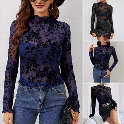 Women's Long Sleeve Mesh Top Mock Neck Floral Sheer See Through Shirt Sexy Party Club Night Going Out Blouse