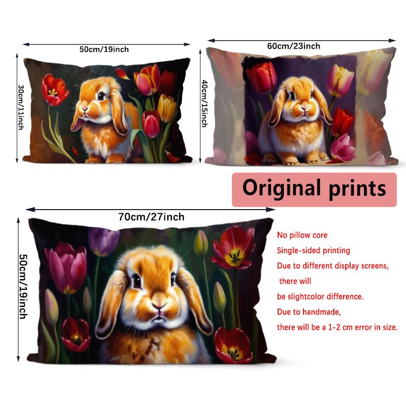 Vintage Bunny Tulip Print Cushion Cover Suitable For Sofa Bedroom Car Pillow Cover Cushion Rectangular Back Cushion