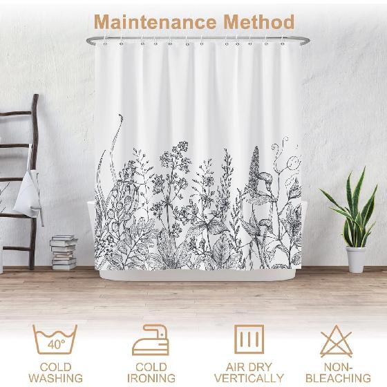 Botanical Stall Shower Curtain, Black and White Plant Herb Flower Floral Small Dorm Bathroom Curtain, Natural Modern Plants Narrow Shower Curtain Set