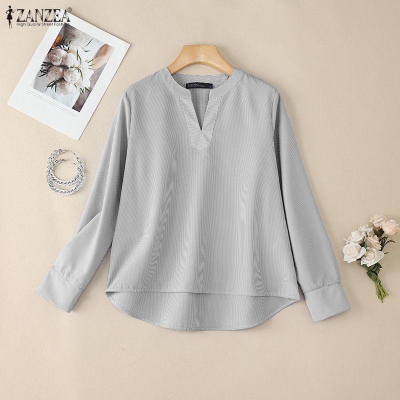 ZANZEA Camicetta casual da donna a righe con scollo a V larga a maniche lunghe
