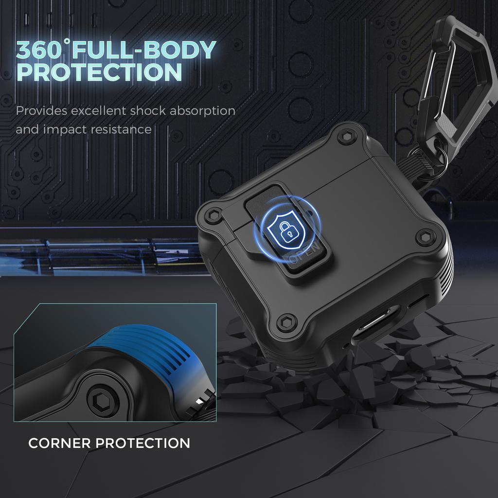 AHASTYLE WG167 For AirPods 4 Protective Case Integrated Safety Lock Switch Button Earphone Cover with Carabiner