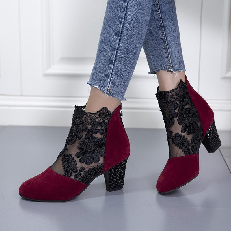 Lace mesh high heel cool boots large size European and American round head thick heel Roman sandals