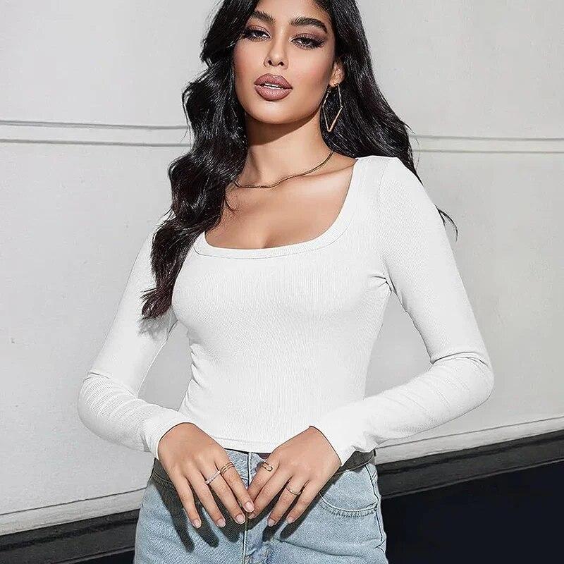 Autumn Slim Fit Square Neck Knit T-shirt Women Solid Long Sleeve Short Tshirts Female Fashion Tops Casual Sexy Tees Blusas 30288