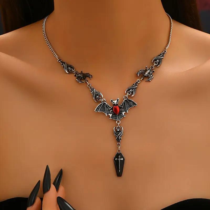 Style Dark Halloween Chain Necklace With Skeleton Head And Bat For Party Decor