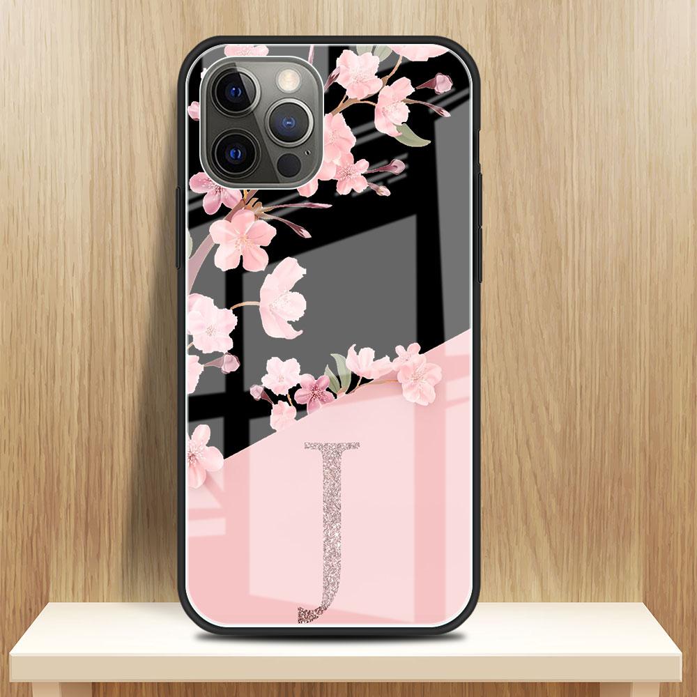 Custom Cherry Blossom Flower Initial Glass Case For Apple iPhone 14 13 Pro 11 12 7 8 Plus SE 2022 XR X XS Max 6 6S Phone Cover