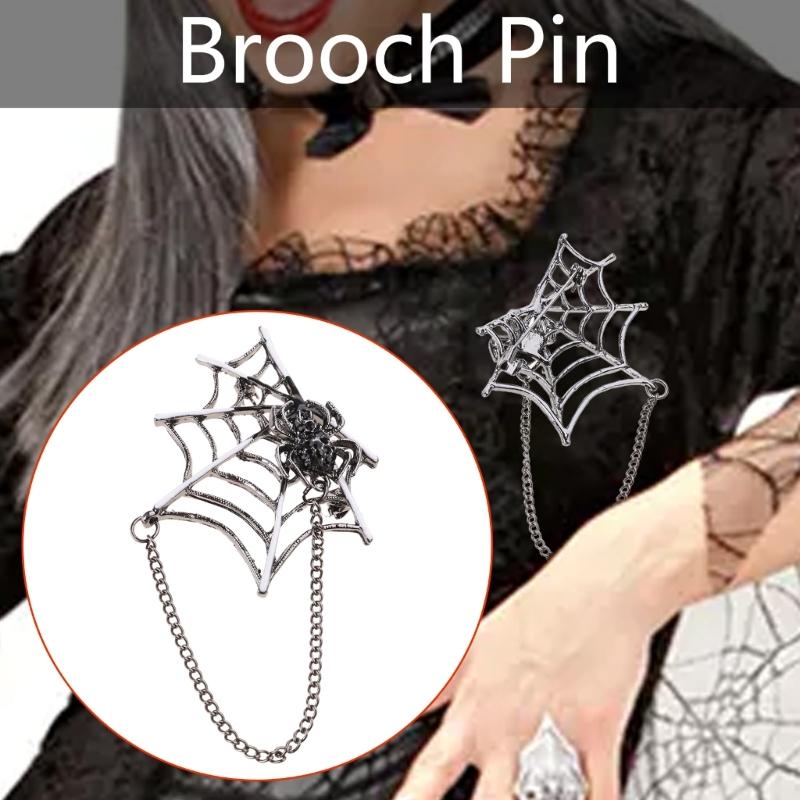Punk Spiders Net Lapel Pin with Chain Halloween Costume Jewelry Accessories for Women Men, Punk Chain Brooch Lapel Pin