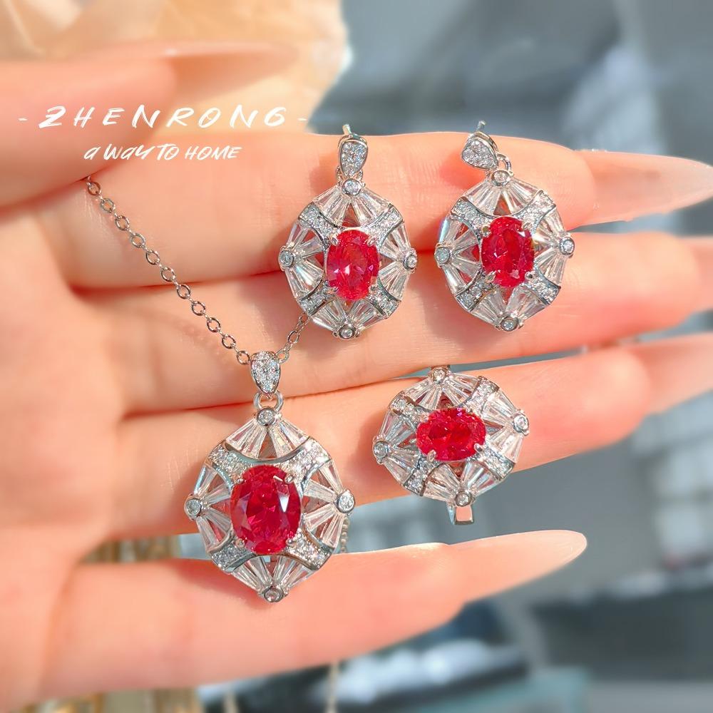 

Elegant Women Jewelry Set Red Corundum Pendant High Carbon Diamond Studs Blue Spinel Ring Gemstone Accessories Set