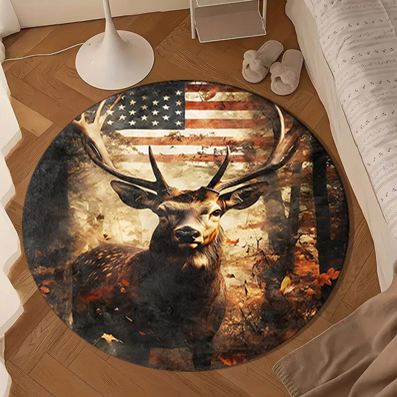 Deer With American Flag Background Round Rug for Livingroom,Bedroom, Palyroom, Chair Rug, Area rug, Circle Carpet, Large Size Fan Christmas gift