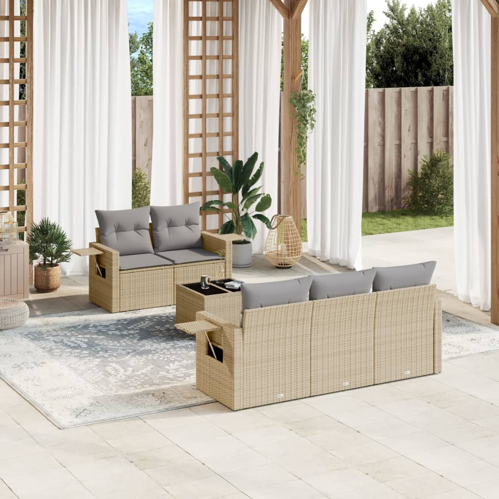 Vidaxl 6-Cz. Gartenmöbel-Set mit Kissen, Beige, Polyrattan