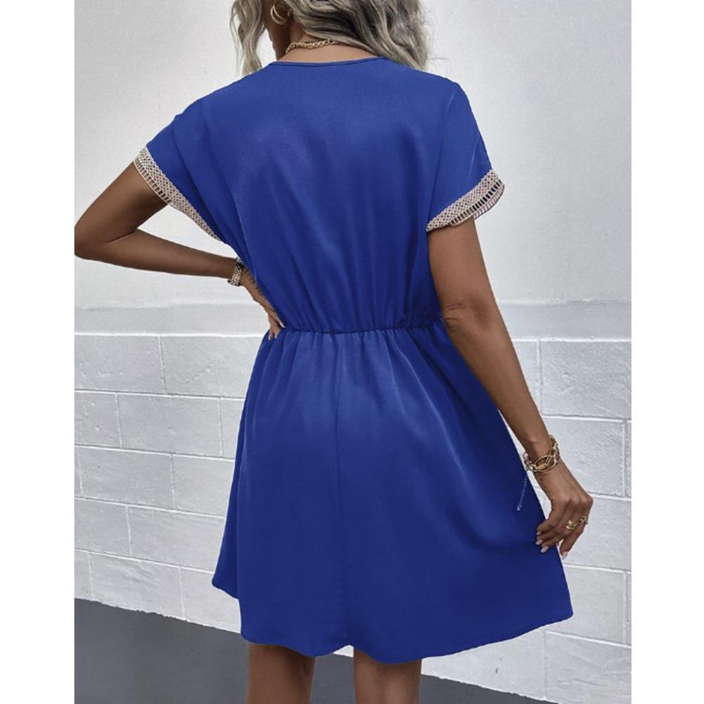 Women's Summer Dress, Spring and Summer Solid Color Short Sleeve Lace V-neck Waist-fitted Dress Casual Drawstring Waist Vacation Dress