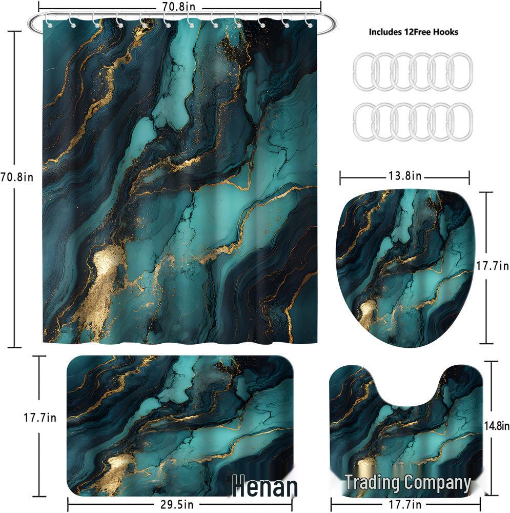 Elegant Marble Bathroom Set: Shower Curtain, Non-Slip Bath Mat, Toilet Lid Cover, Bathroom Mat & 12 Plastic Hooks.