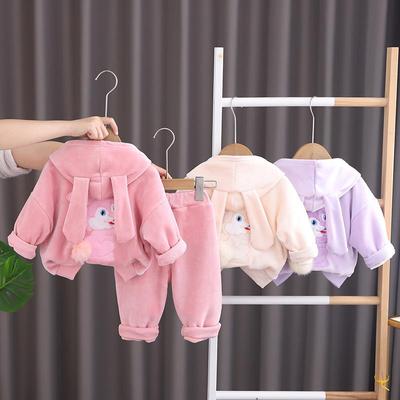 Spring Autumn Children Suits Cute Baby Girls Fleece Warm Hooded Tops + Pants Sets Kids Thick Rabbit Ear Hoodies Suits