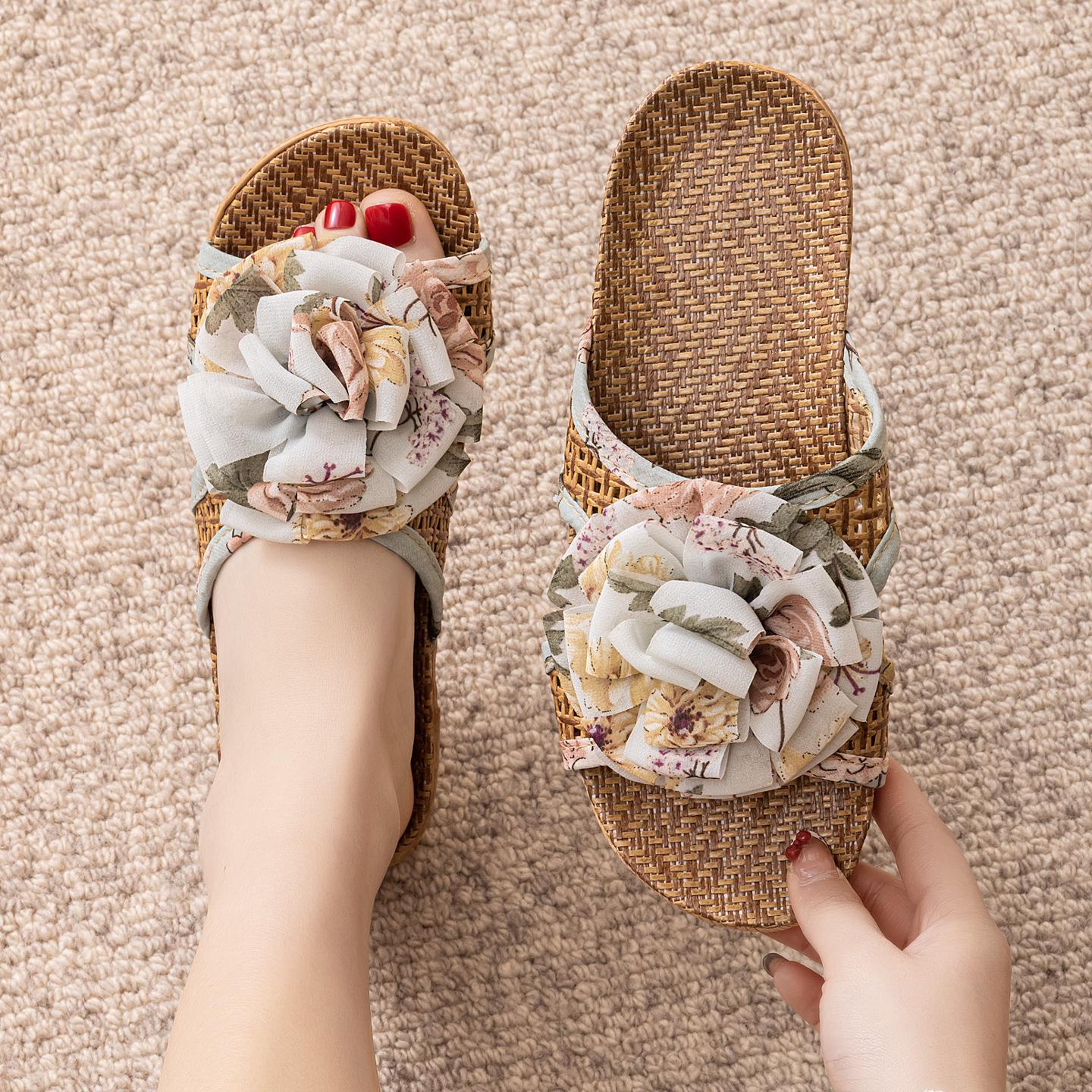 Summer Cool Rattan Mat Slippers - Bowknot Design, Non-Slip Indoor Bamboo Weave, Fish Mouth Style 37/38