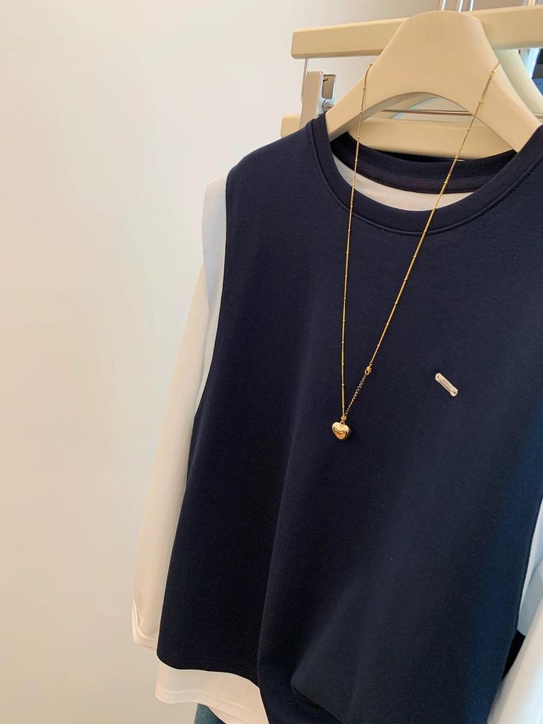 Women's Retro Color Block Long Sleeve Fake Two-Piece Top - Autumn/Winter Loose Fit