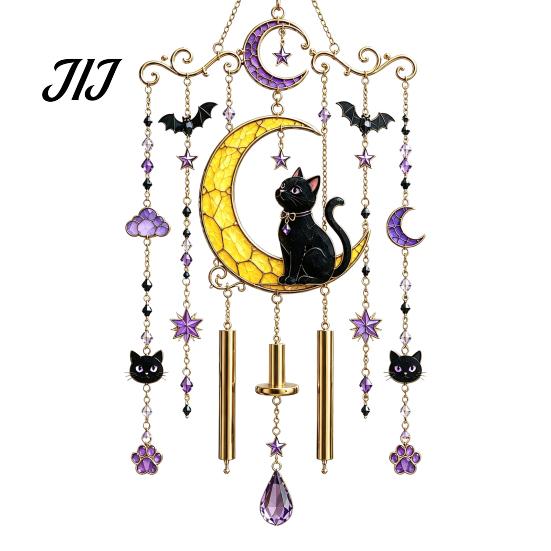 Bat Moon Themed Decor Halloween Stained Glass Style Wind Chime, Acrylic Suncatcher Hanging Ornament with Ghost Black Cat Artistic Window Light