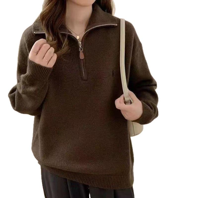 Korean Style Pony Embroidery Half-Zip Collar Women's Sweater - Loose Knit Top for Autumn & Winter