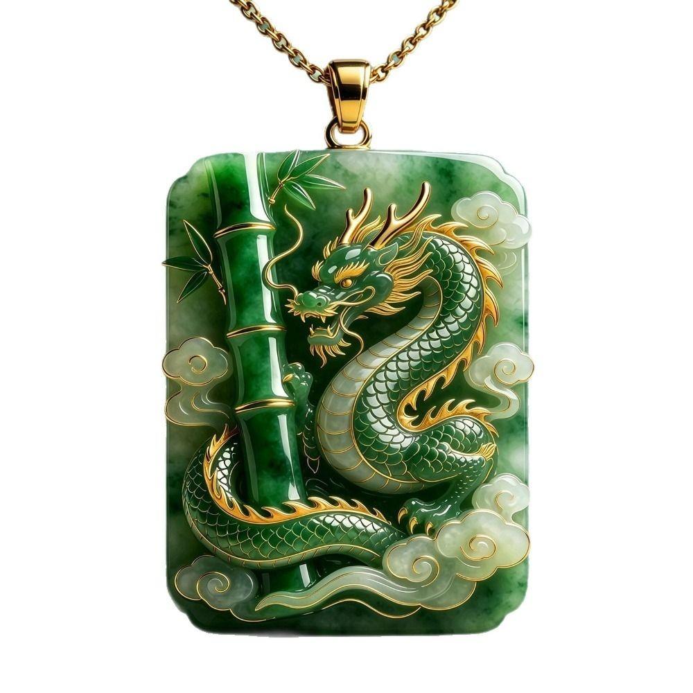 Bamboo Carved Pendant Necklace Green Square Pendant Lucky Amulet Traditional Chinese
