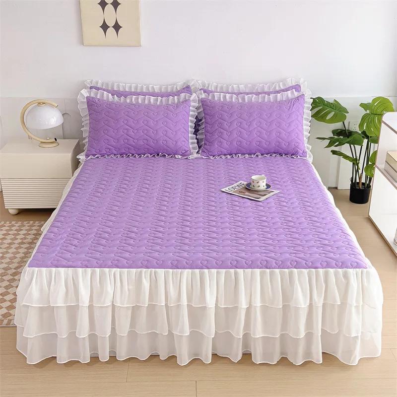 Volan de pat din dantelă cu model în formă de inimă, de înaltă calitate, matlasat, cu tiv inferior din șifon, cuvertură de pat, moale, confortabil, cearșafuri de pat antiderapante, lenjerie de pat