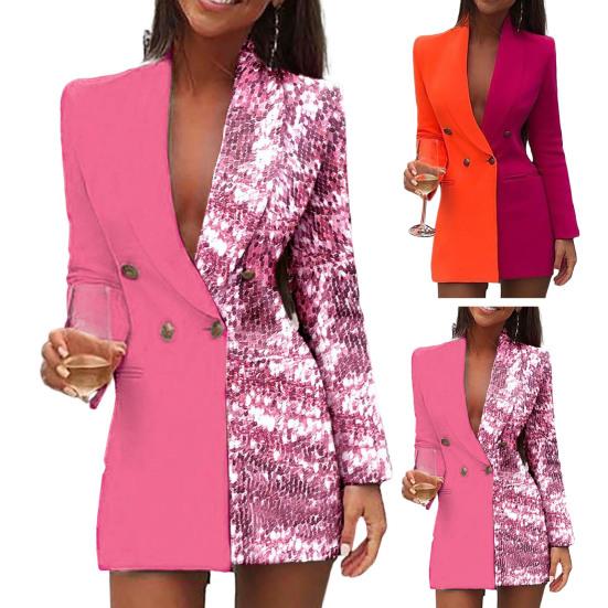Lapel Long Sleeve Pockets Mid-Length Fashion Blazer Autumn Winter Sequins Contrast Color Stitching