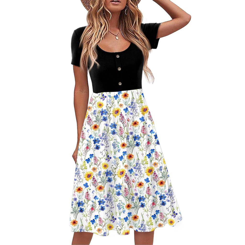 Fashion Women Summer Vintage Floral Dress Elegant Short Sleeve Midi Dress