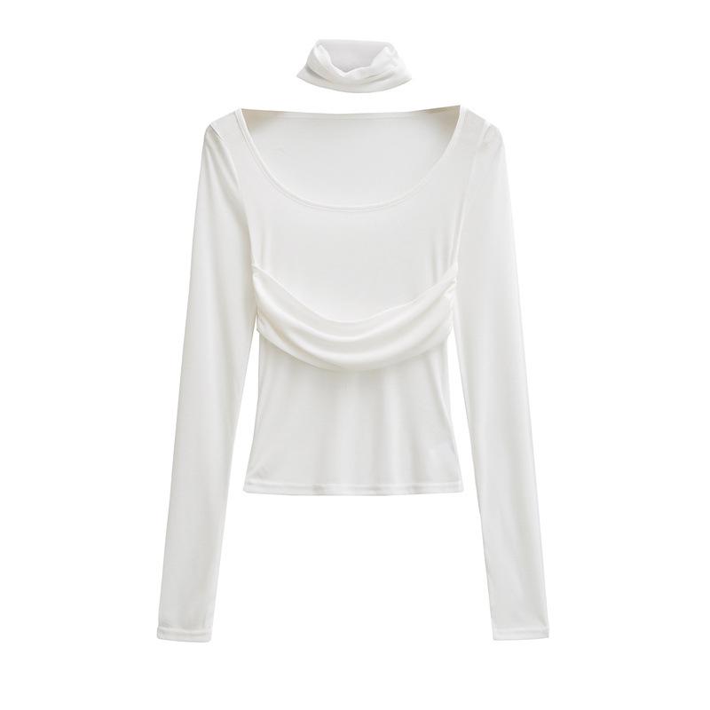 Women s Korean High Neck Sheer Patchwork Long Sleeve Slim Fit Tencel-Like Clavicle Top Small белый