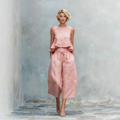 European and American Summer Women's Linen Blend Two-piece Set, Including Lotus Leaf Edge Dew